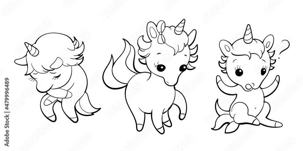 Obraz premium Set of cute unicorns in kawaii style. Cartoon pony sticker design. Vector emoji.