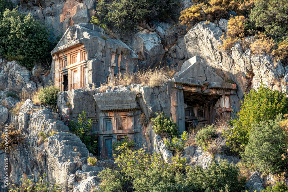 ancient tombs and crypts carved into the rocks in the ruins of Myra