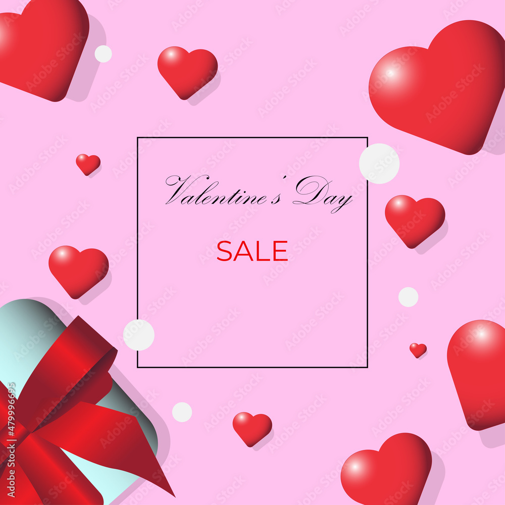 Valentine's day sale poster with 3D hearts and gifts 