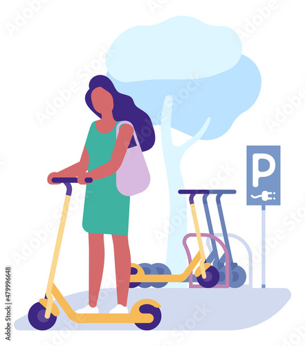 Woman with eletric scooter on charging station. Eco transport parking