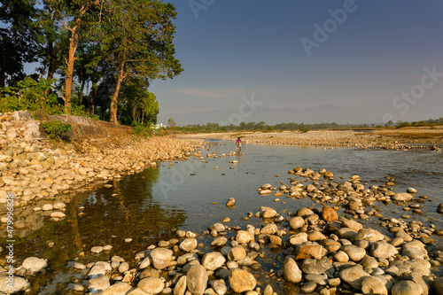 Murti river in the morning, riverbed in foreground with flowing water and stones. Scenic beauty of Dooars landscape, West Bengal, India