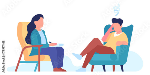 Therapy session. Man talking with psychologist about mental problems