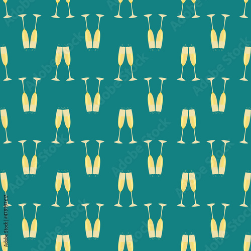 Champagne flutes vector seamless pattern background. Teal gold backdrop with prosecco glasses in horizontal rows. Sparkling wine drinks design. Repeat for party celebration, occasion, wedding
