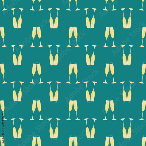 Champagne flutes vector seamless pattern background. Teal gold backdrop with prosecco glasses in horizontal rows. Sparkling wine drinks design. Repeat for party celebration  occasion  wedding