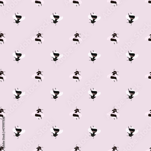 Bee pattern seamless in freehand style. Cute insect which extract honey on colorful background. Vector illustration for textile.