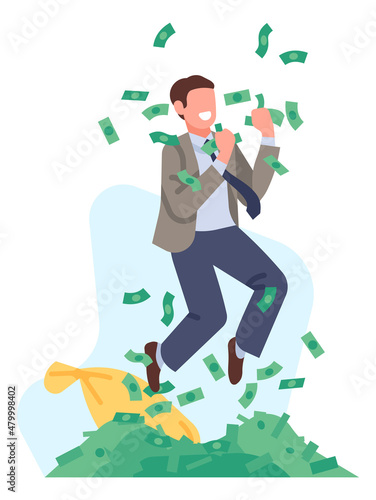 Happy man with bunch of money. Lottery win or good luck concept