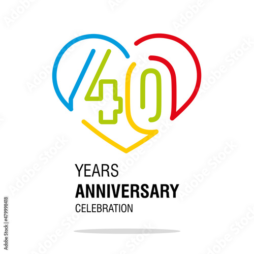 Anniversary 40 years decoration number forty bounded by a loving heart colorful modern love line design logo icon white isolated vector illustration