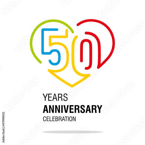 Anniversary 50 years decoration number fifty bounded by a loving heart colorful modern love line design logo icon white isolated vector illustration