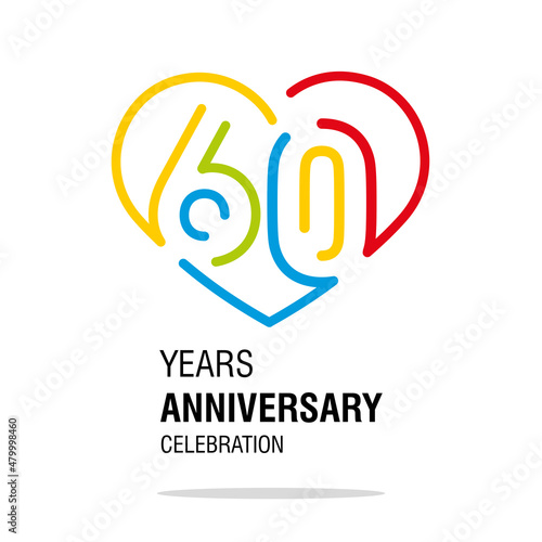 Anniversary 60 years decoration number sixty bounded by a loving heart colorful modern love line design logo icon white isolated vector illustration