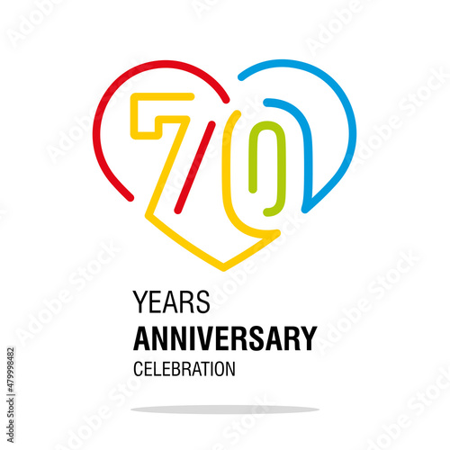 Anniversary 70 years decoration number seventy bounded by a loving heart colorful modern love line design logo icon white isolated vector illustration