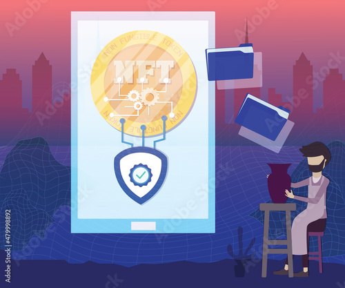 Flat design of digital technology,Young  man creating NFT in virtual world - vector