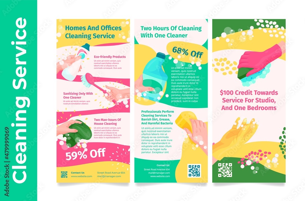 Cleaning service vertical flyer set vector flat poster sale discount maid sanitizing housekeeping