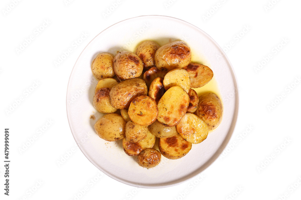 Potatoes baked in the oven stand on a white background