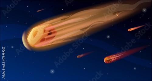 Falling comet or meteorite at outer space vector flat illustration. Cosmic asteroid burning bullet