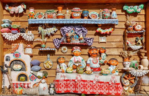 Picture installation of everyday life and interior of an old Ukrainian hut of a peasant family is made in artistic clay. 09/10/2021. Kyiv. Ukraine.