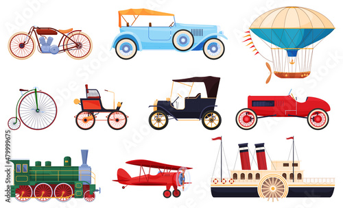 Vintage passenger transport collection vector flat illustration. Set boat, car, motorbike, airship