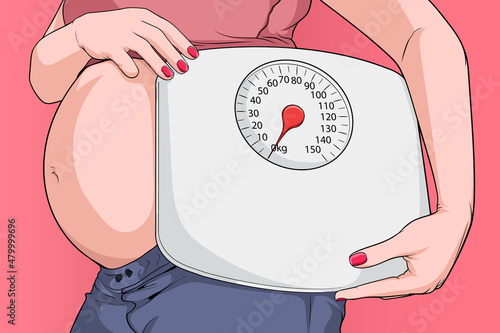 Woman checking weight change during pregnancy waiting for baby