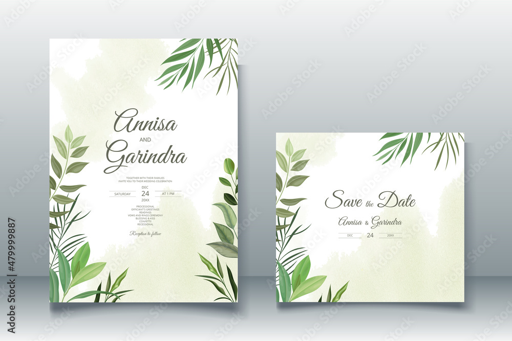 Elegant wedding invitation card with leaves template Premium Vector