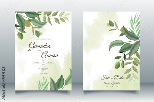 Elegant wedding invitation card with leaves template Premium Vector © MARIANURINCE