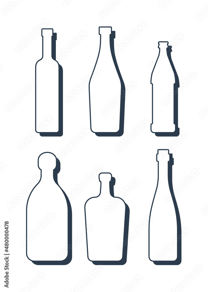 Set drinks. Alcoholic bottle. Vodka vermouth beer tequila liquor wine. Simple shape isolated with shadow and light. Colored illustration on white background. Flat design style Set drinks. Alcoholic bottle. Vodka vermouth beer tequila liquor wine. Simple shape isolated with shadow and light. Colored illustration on white background. Flat design style