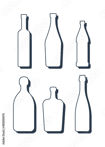Set drinks. Alcoholic bottle. Vodka vermouth beer tequila liquor wine. Simple shape isolated with shadow and light. Colored illustration on white background. Flat design style