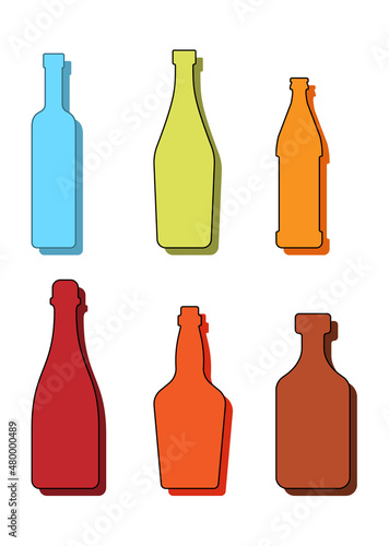 Set drinks. Alcoholic bottle. Liquor tequila champagne beer vermouth vodka. Simple shape isolated with shadow and light. Colored illustration on white background. Flat design style