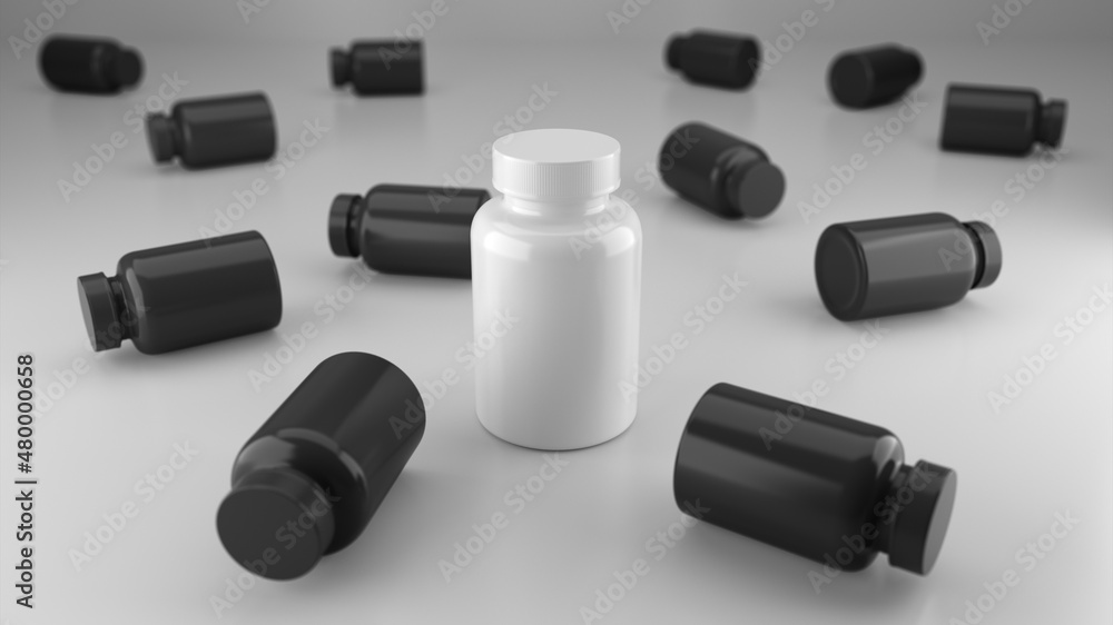 White mock up vitamin bottle surrounded by a black vitamin bottle.3d rendering. White mock up vitamin bottle surrounded by a black vitamin bottle.3d rendering.