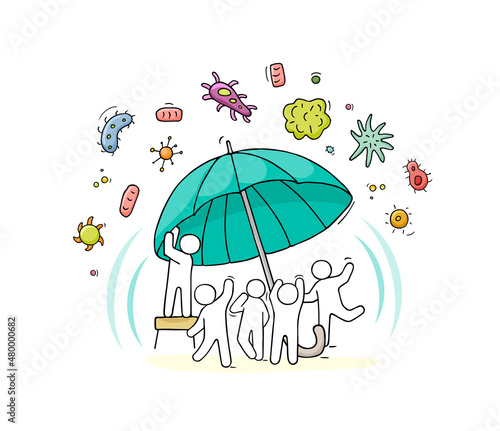 Sketch of little people standing under umbrella