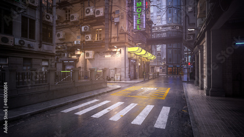 3D rendering of a dark moody street at night in a seedy downtown urban city environment.
