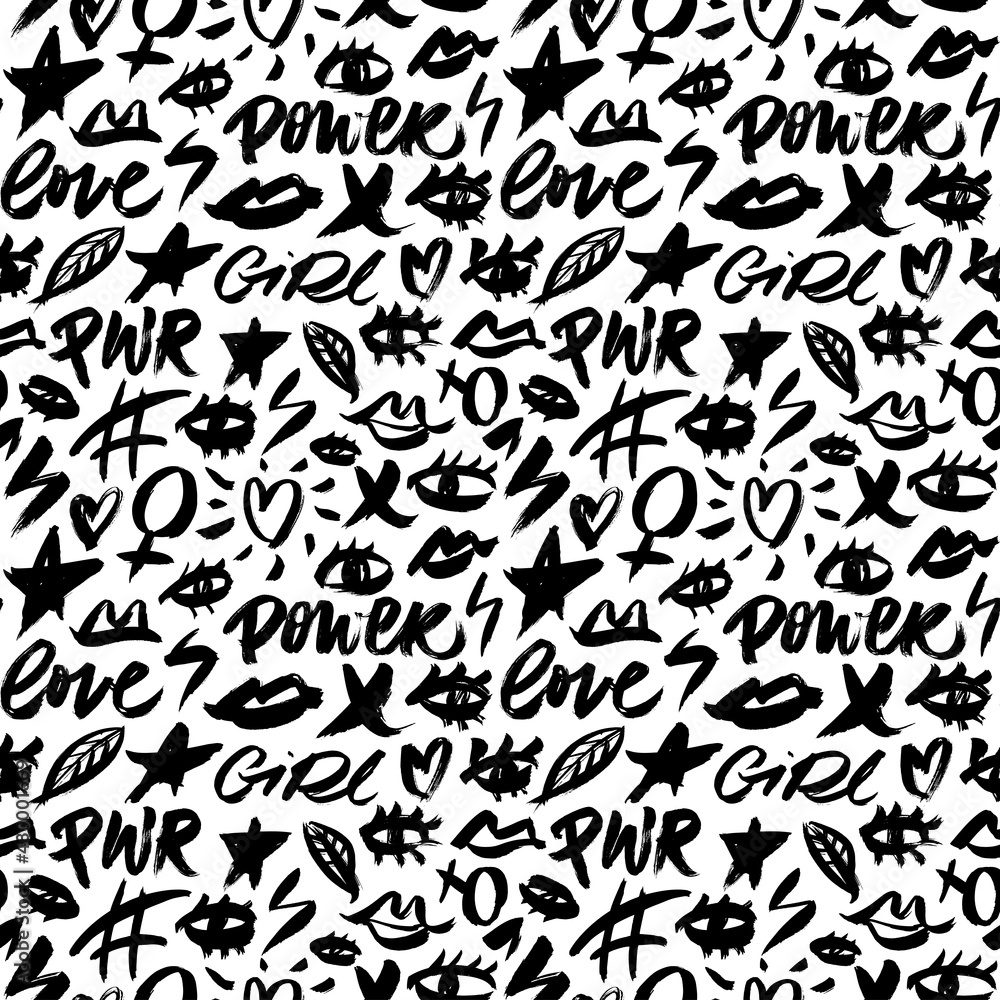 Vector seamless pattern with feminine icons. Open eyes with hashtags, stars, heart. Hand-lettering phrase - girl power, love. Monochrome ornament for wrapping paper. Symbols and doodle design elements Vector seamless pattern with feminine icons. Open eyes with hashtags, stars, heart. Hand-lettering phrase - girl power, love. Monochrome ornament for wrapping paper. Symbols and doodle design elements