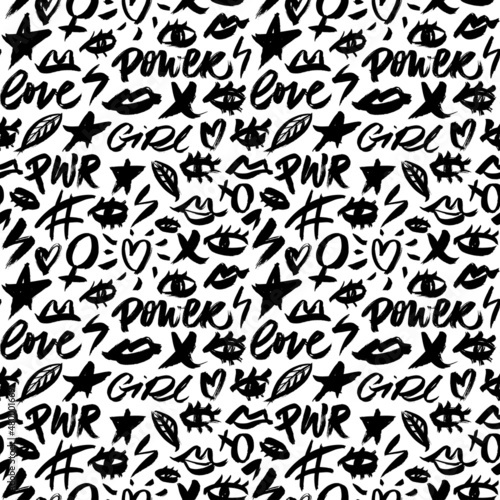 Vector seamless pattern with feminine icons. Open eyes with hashtags  stars  heart. Hand-lettering phrase - girl power  love. Monochrome ornament for wrapping paper. Symbols and doodle design elements