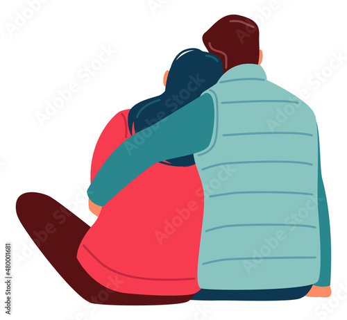 Hugging couple back view. Loving happy relationship