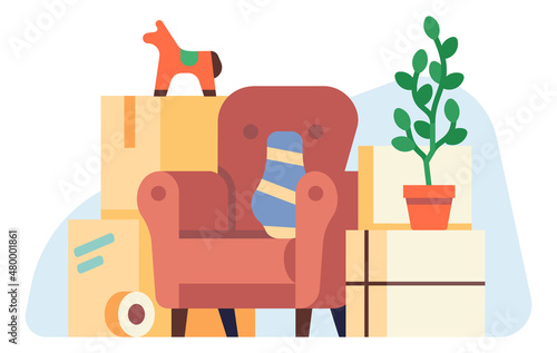 Household things packed in cardboard boxes. Moving concept