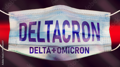 protective face mask with deltacron delta plus omicron text,coronavirus variant concept image photo