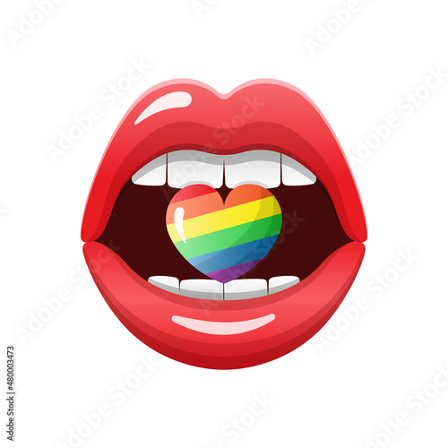 Open mouth with rainbow heart. Gay and lesbian Lips LGBT pride symbol. Vector illustration isolated on white background.