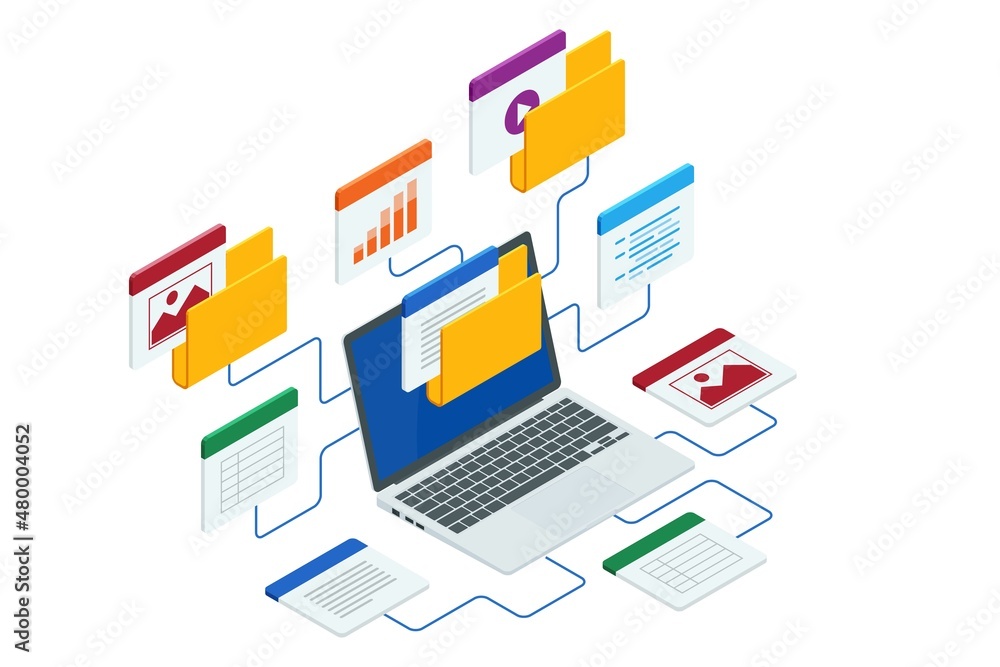 Isometric file in database, document flow management concept. Cloud data storage and remote data access Isometric file in database, document flow management concept. Cloud data storage and remote data access