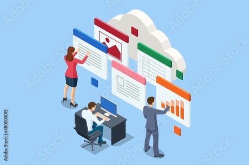 Isometric file in database, document flow management concept. Cloud data storage and remote data access