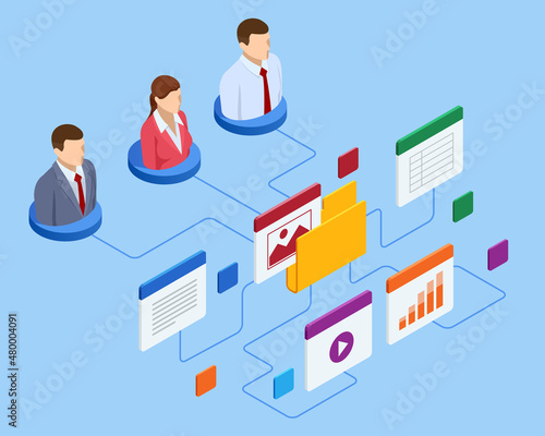 Isometric file in database, document flow management concept. Cloud data storage and remote data access