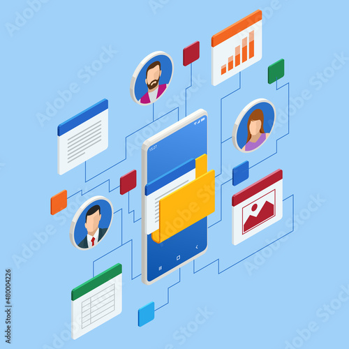 Isometric file in database, document flow management concept. Cloud data storage and remote data access