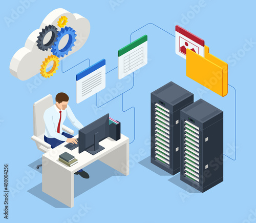 Isometric file in database, document flow management concept. Cloud data storage and remote data access