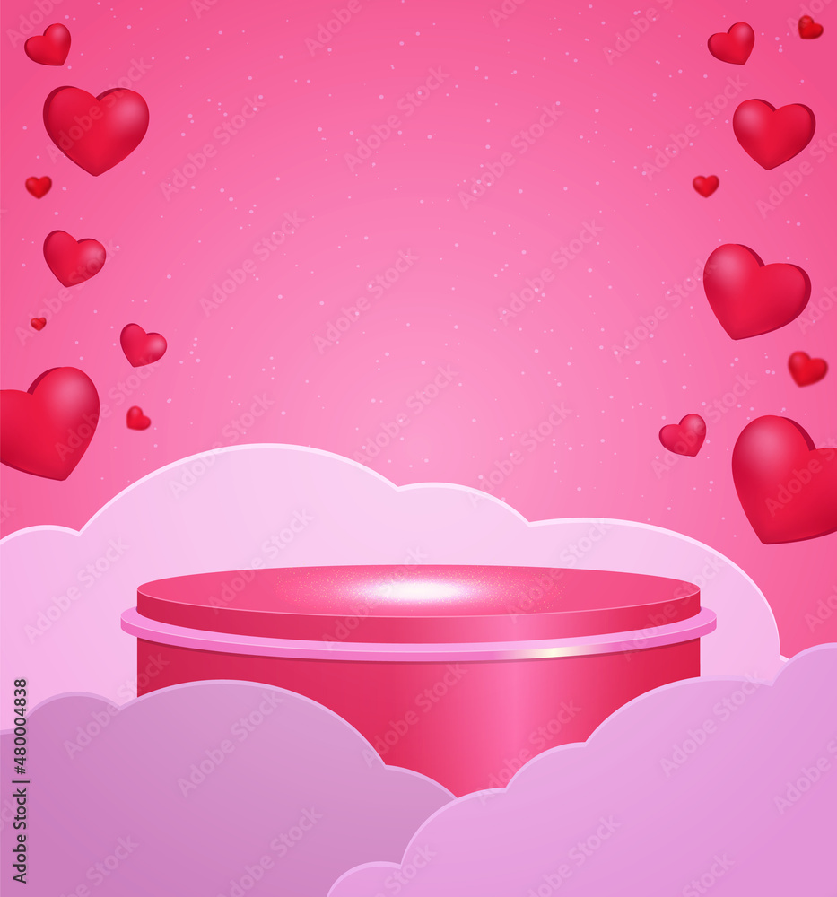 Vector illustration red hearts background with shining stage podium and flying clouds