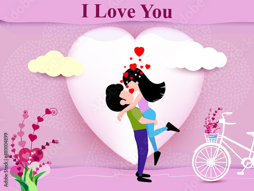 love for valentines day and young happy couple . abstract pink background with love text and mini hearts Design for Valentine's Day. Vector illustration of paper crafts