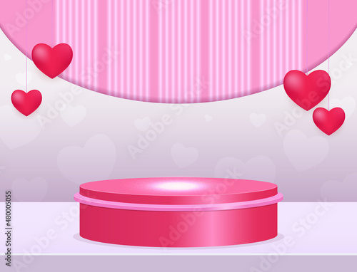 Vector illustration background with shining stage podium and hanging hearts