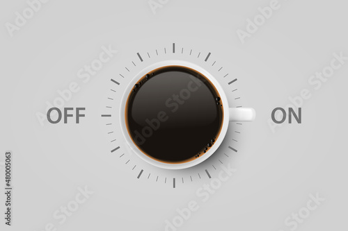 Vector 3d Realistic Off, On Switch with Coffee in White Ceramic, Porcelain Coffee Mug on Whitek. Coffee Cup Icon. Concept Creative Banner with Coffee Cup. Design Template. Top View