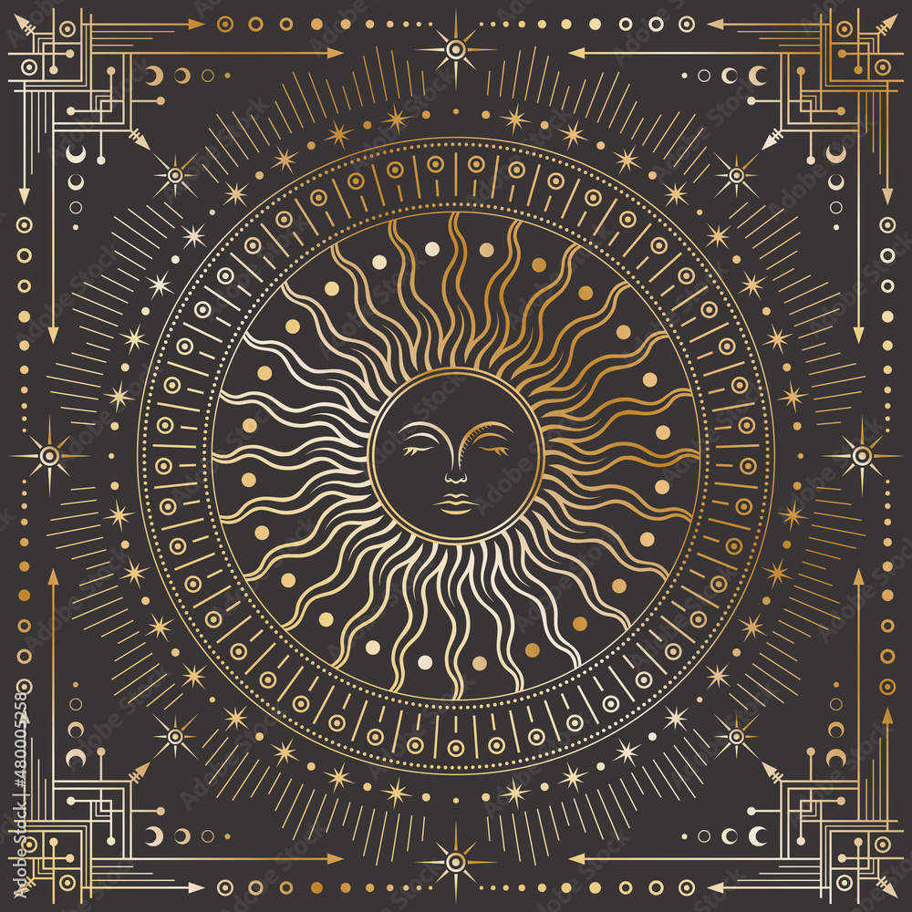 Vector golden celestial background with an ornate geometric frame with arrows, stars and crescents. Mystic linear square cover with a magical outline sun with a face, beams and radial circles