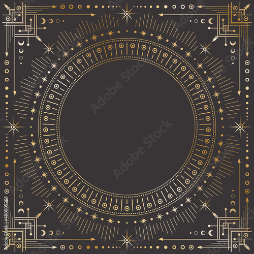 Vector mystic outline celestial square golden frame with stars, moon phases, crescents, arrows and copy space. Ornate shiny magical linear geometric border with radial circles and a place for text