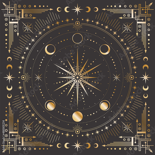 Fotografiet Vector golden celestial background with ornate geometric frame with arrows and crescents