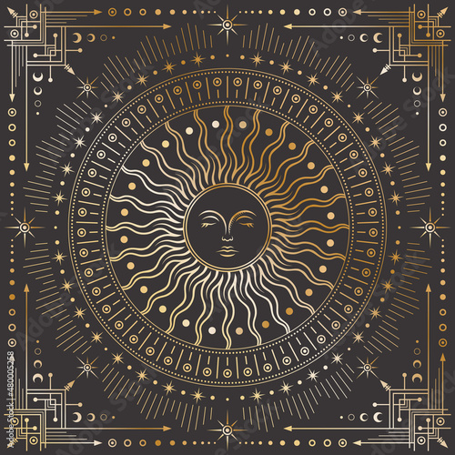 Vector golden celestial background with an ornate geometric frame with arrows, stars and crescents. Mystic linear square cover with a magical outline sun with a face, beams and radial circles