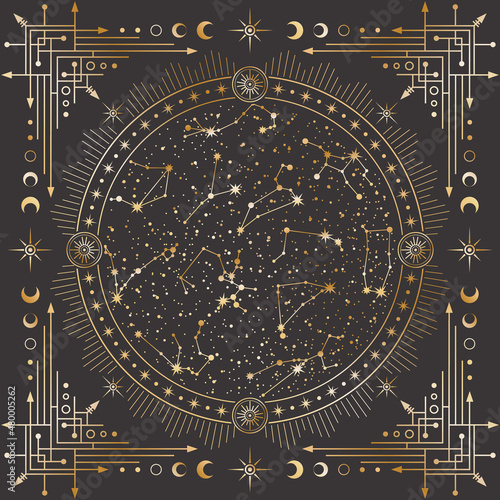 Vector golden outline celestial background with ornate geometric frame, magical circle with stars, zodiac constellations, moon phases, arrows and radial circles. Mystic linear square cover photo