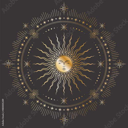 Celestial sticker with golden sun with a sleeping face, beams, different stars and concentric circles. Sketch tattoo in boho style on a black. Round label with occult symbol. Mystical background